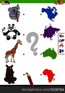 Cartoon Illustration of Educational Pictures Matching Game for Children with Animals and Continents