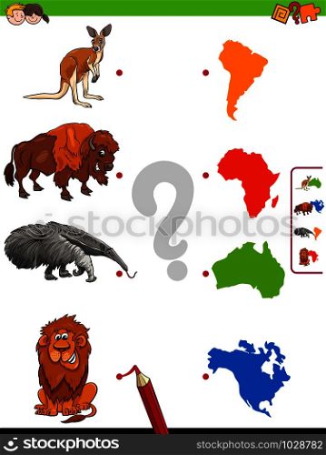 Cartoon Illustration of Educational Pictures Matching Game for Children with Wild Animals and Continents