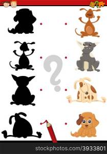 Cartoon Illustration of Educational Shadow Task for Children with Dogs Animal Characters