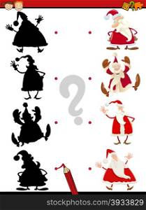 Cartoon Illustration of Educational Shadow Task for Children with Funny Santa Claus Characters