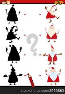Cartoon Illustration of Educational Shadow Task for Children with Santa Characters
