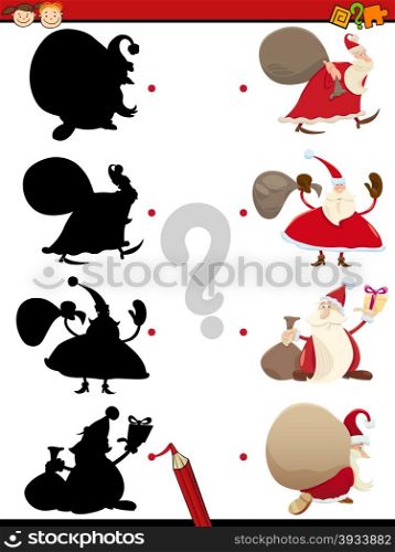 Cartoon Illustration of Educational Shadow Task for Children with Santa Christmas Characters