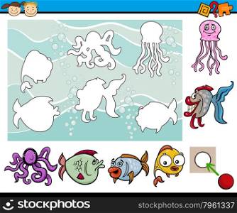 Cartoon Illustration of Educational Task for Preschool Children with Sea Life Animal Characters
