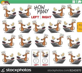 Cartoon illustration of educational task of counting left and right oriented pictures of comic dog making pancakes
