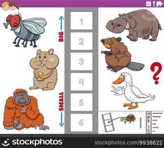 Cartoon illustration of educational task of finding the biggest and the smallest animal species with funny characters for children