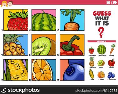 Cartoon illustration of educational task of guessing fruits and vegetables for children