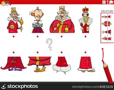 Cartoon illustration of educational task of matching halves of pictures with comic king characters