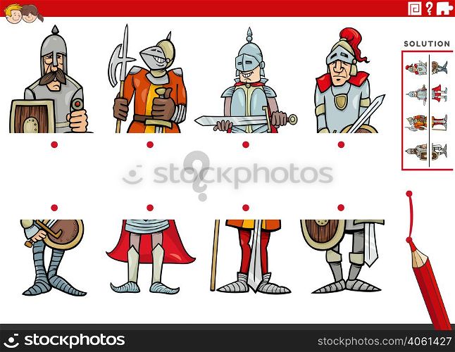 Cartoon illustration of educational task of matching halves of pictures with comic knight characters