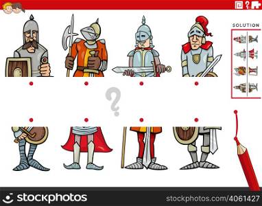 Cartoon illustration of educational task of matching halves of pictures with comic knight characters