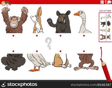 Cartoon illustration of educational task of matching halves of pictures with funny animal characters
