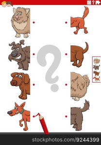 Cartoon illustration of educational task of matching halves of pictures with funny dogs animals characters