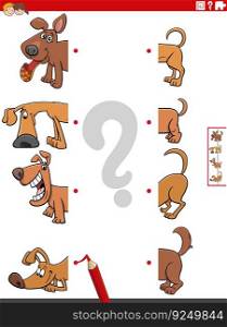 Cartoon illustration of educational task of matching halves of pictures with funny dogs animals characters