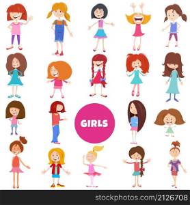 Cartoon illustration of elementary age and teen girls characters big set