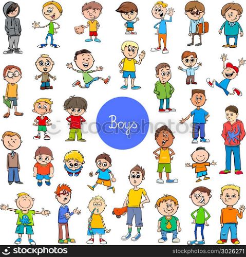 Cartoon Illustration of Elementary Age Boys Children or Teenager Characters Group Huge Set