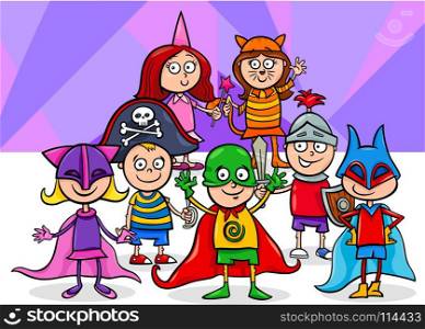 Cartoon Illustration of Elementary Age Children Characters at the Mask Ball