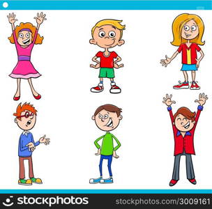 Cartoon Illustration of Elementary Age Children Characters Set