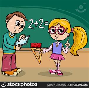 Cartoon illustration of elementary age girl and boy characters at the blackboard