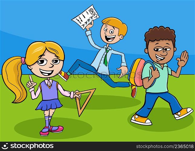 Cartoon illustration of elementary age girl and boys students characters