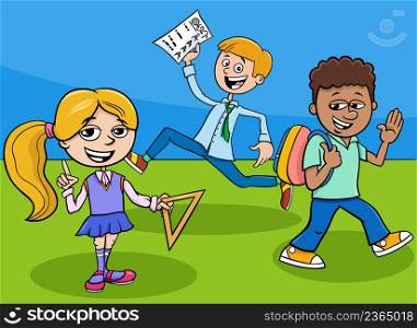 Cartoon illustration of elementary age girl and boys students characters