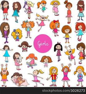 Cartoon Illustration of Elementary Age Girls Children or Teenager Characters Group Huge Set