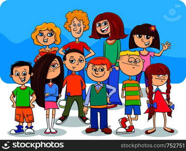 Cartoon Illustration of Elementary Age or Teenager Children Characters Group