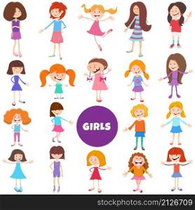 Cartoon illustration of elementary and teen age girls characters big set