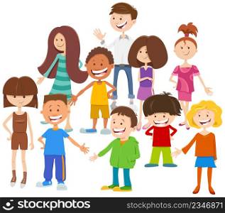 Cartoon illustration of elementary or teen age children characters group