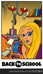 Cartoon Illustration of Elementary or Teen Age Girl Character and Mess in her Room with Back to School Sign