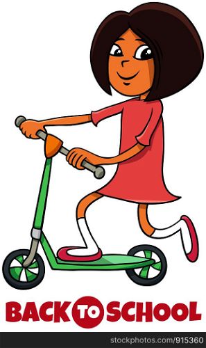 Cartoon Illustration of Elementary or Teen Age Girl Character on Scooter with Back to School Sign