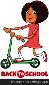 Cartoon Illustration of Elementary or Teen Age Girl Character on Scooter with Back to School Sign