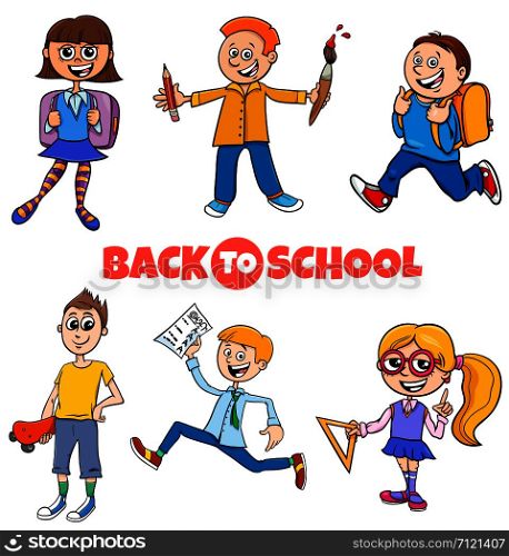 Cartoon Illustration of Elementary or Teen Age Kids Characters Set with Back to School Sign