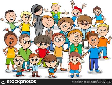 Cartoon Illustration of Elementary School Age Children Boys or Teenager Characters Group