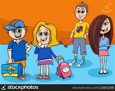 Cartoon illustration of elementary school age girl and boys characters
