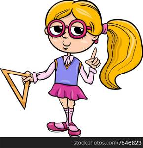 Cartoon Illustration of Elementary School Student Girl with Setsquare