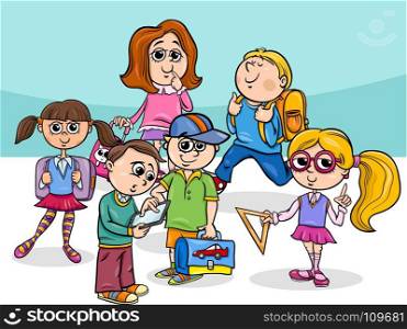 Cartoon Illustration of Elementary School Students or Pupils Characters Group