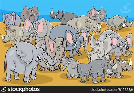 Cartoon illustration of elephants and rhinos animal characters group