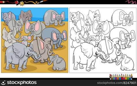 Cartoon illustration of elephants wild animal characters group coloring page