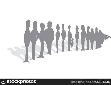 Cartoon illustration of endless queue of waiting unrecognizable people silhouettes