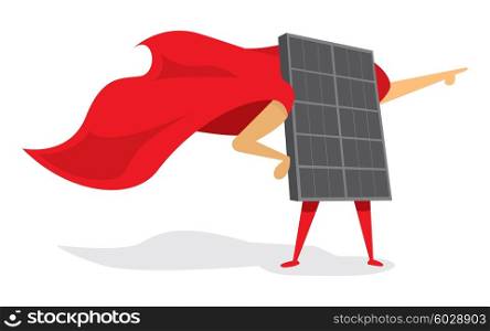 Cartoon illustration of energy solar panel as super hero with cape
