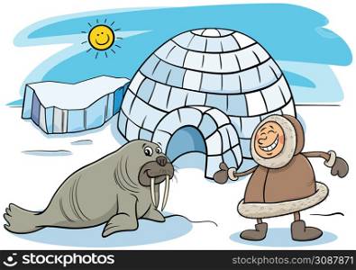 Cartoon illustration of Eskimo or Lapp man characters with his Igloo house and walrus