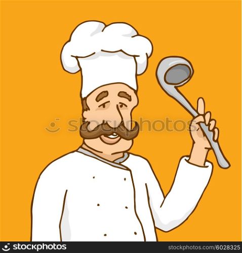 Cartoon illustration of experienced chef cooking with soup spoon detailing a recipee