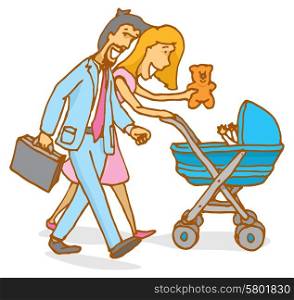 Cartoon illustration of family with mother and father couple playing with baby on a stroller