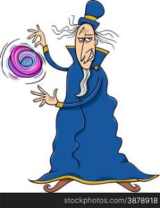 Cartoon illustration of Fantasy Evil Wizard or Sorcerer Casting a Spell