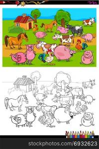 Cartoon Illustration of Farm Animal Characters Group Coloring Book Activity