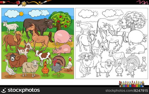 Cartoon illustration of farm animal characters group coloring page