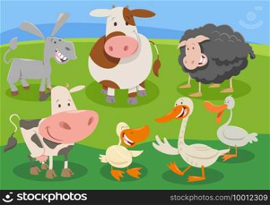 Cartoon illustration of farm animal characters group in the countryside