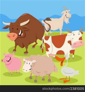 Cartoon illustration of farm animal characters in the countryside