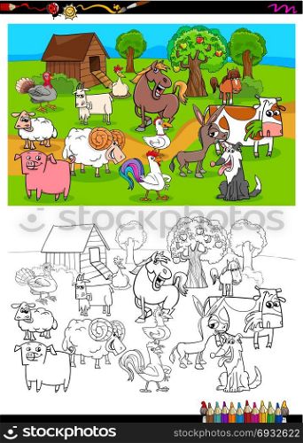 Cartoon Illustration of Farm Animal Comic Characters Group Coloring Book Activity