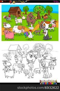 Cartoon Illustration of Farm Animal Comic Characters Group Coloring Book Activity