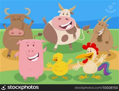 Cartoon illustration of farm animal comic characters group in the countryside